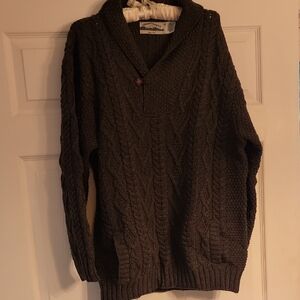 Aran Crafts Dark Green V-Neck-Button Irish Merino Wool Sweater